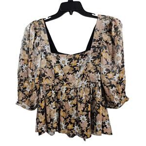 Mittoshop Square Neck Floral Puff Sleeve Babydoll Shirt. Size Small